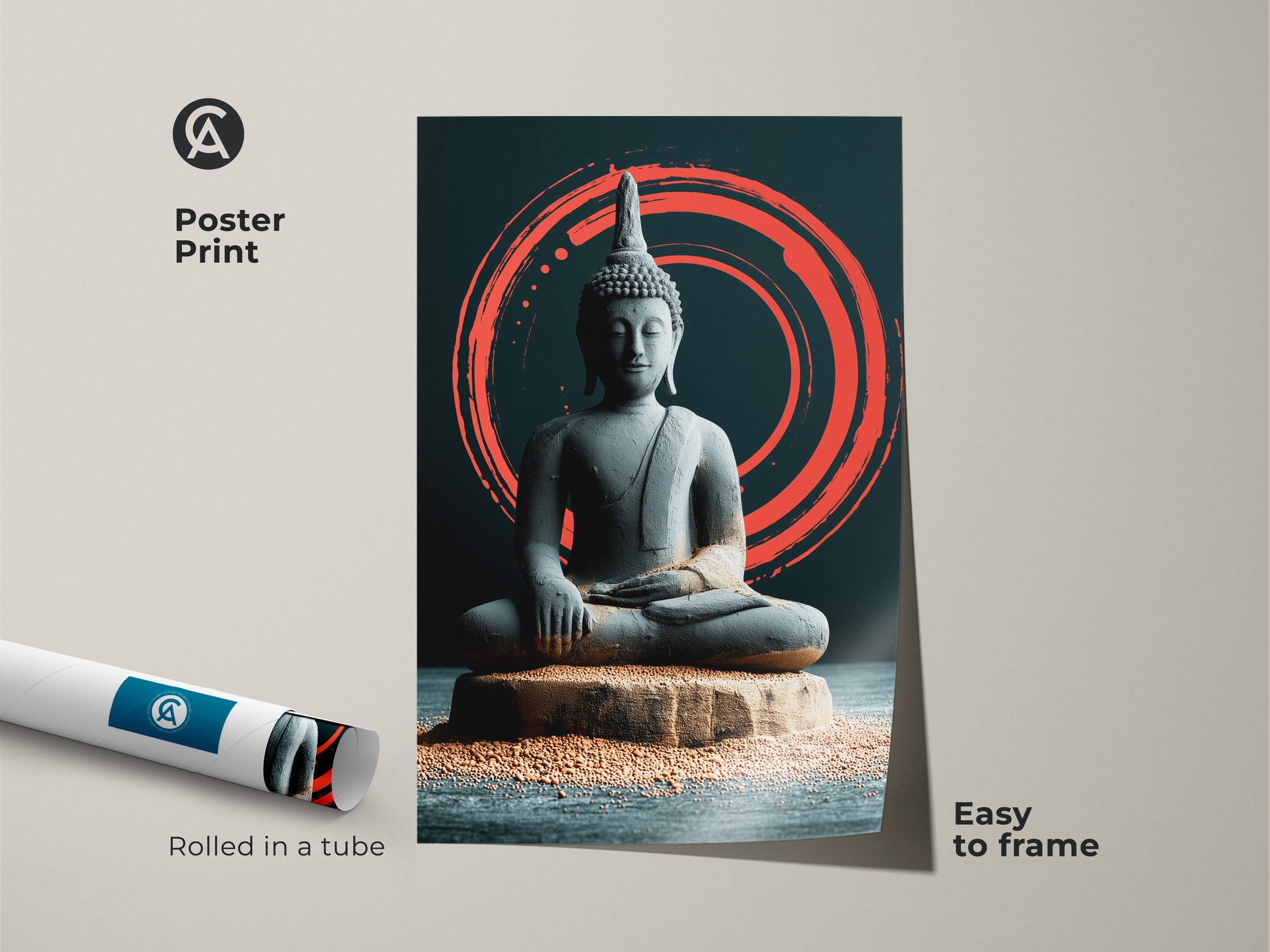 Poster print of Japandi Zen Buddha art. Rolled in a tube for easy framing. Features minimalist meditation art with a striking coral Zen circle. Ideal as a spiritual decor piece for creating a calm and mindful living space.