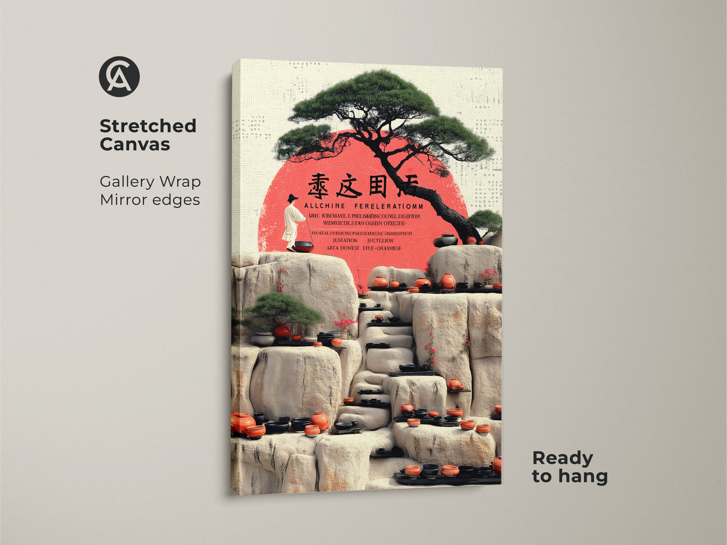 A Stretched canvas showcasing a Zen Garden art print. Japandi minimalist artwork features a bonsai tree and stone lanterns. The red sun adds warmth to the artwork.