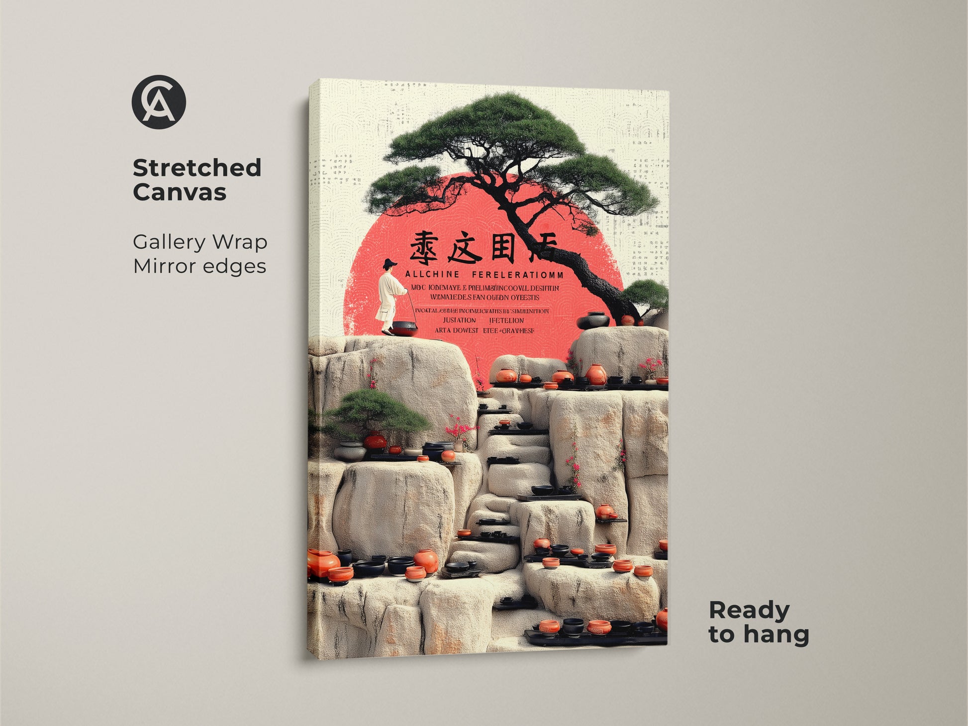 A Stretched canvas showcasing a Zen Garden art print. Japandi minimalist artwork features a bonsai tree and stone lanterns. The red sun adds warmth to the artwork.