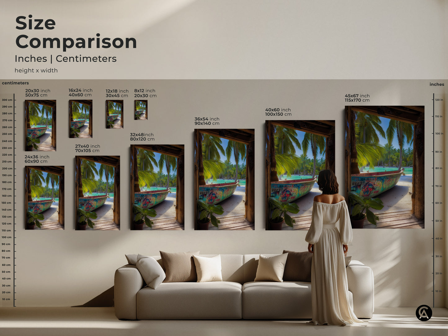 A size comparison shows the graffiti boat artwork in various dimensions. See how this tropical palm trees wall art fits above a couch. Visualize the impact of this piece.