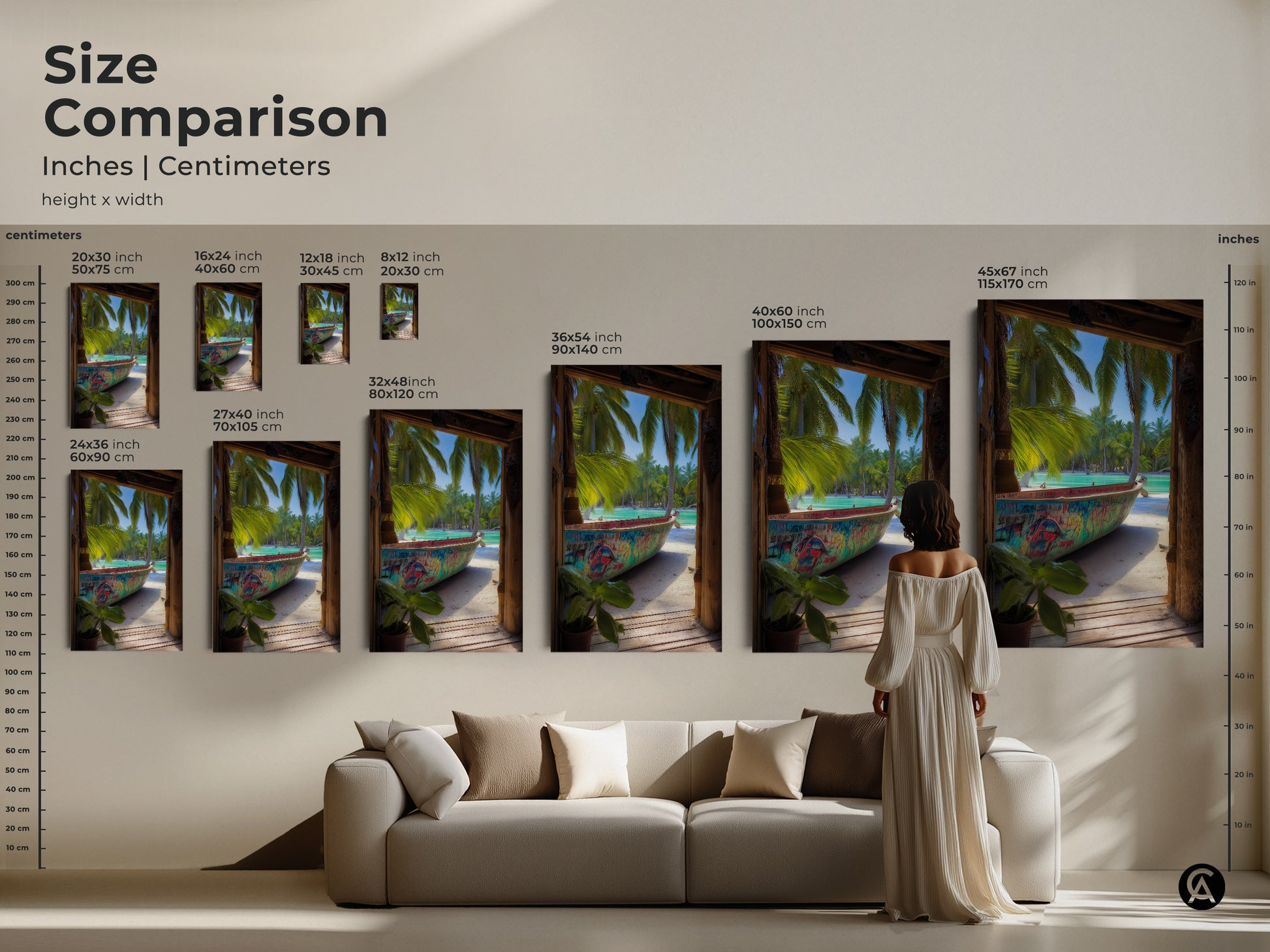 A size comparison shows the graffiti boat artwork in various dimensions. See how this tropical palm trees wall art fits above a couch. Visualize the impact of this piece.