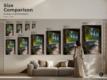 A size comparison shows the graffiti boat artwork in various dimensions. See how this tropical palm trees wall art fits above a couch. Visualize the impact of this piece.