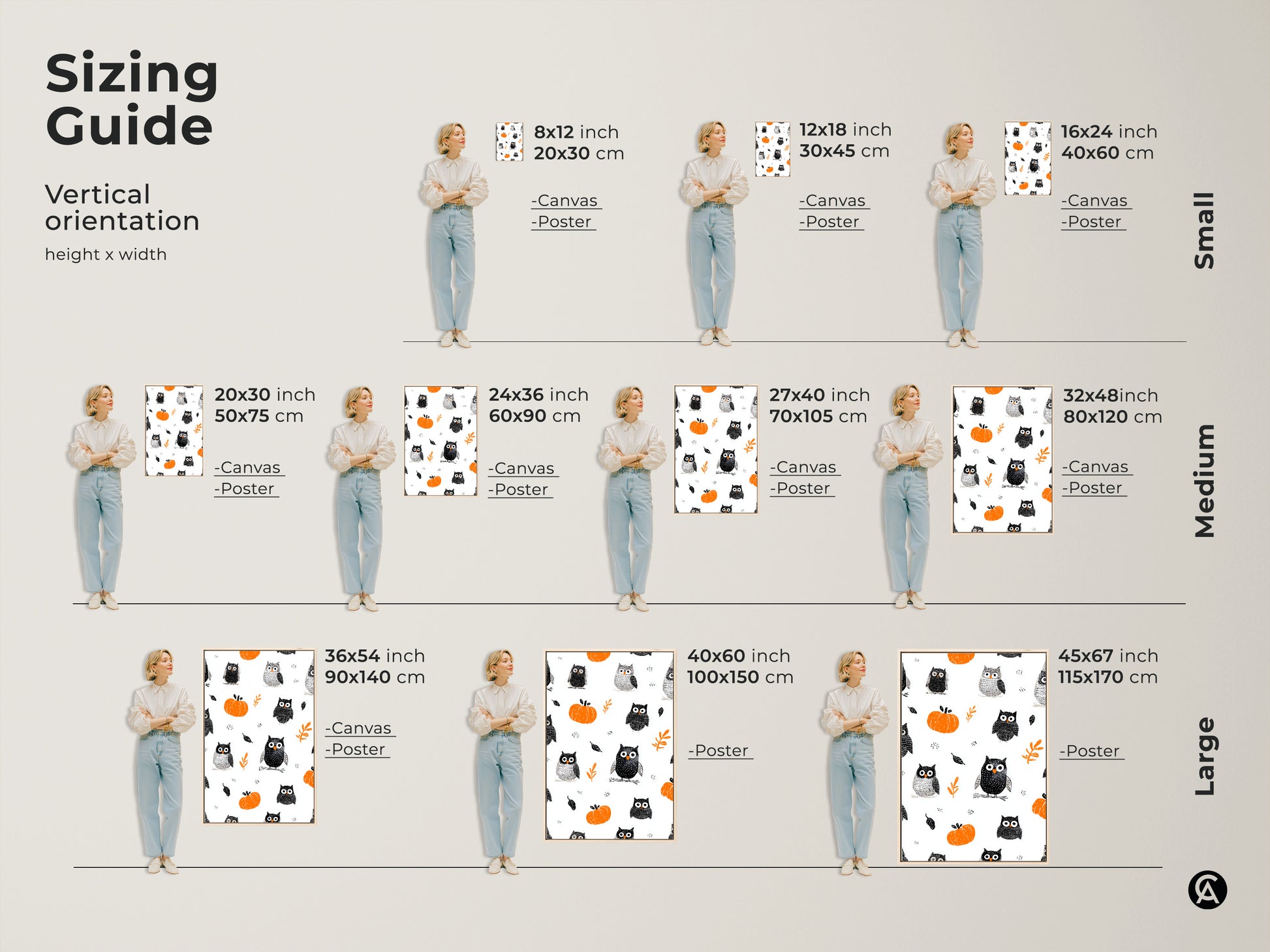 Sizing guide for Whimsical Owl & Pumpkin Art Print. Vertical orientation options include canvas and poster prints. Available in small medium and large sizes. Find the perfect fit for your kids room fall decor or baby room autumn art with this seasonal kids decor.