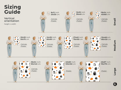 Sizing guide for Whimsical Owl & Pumpkin Art Print. Vertical orientation options include canvas and poster prints. Available in small medium and large sizes. Find the perfect fit for your kids room fall decor or baby room autumn art with this seasonal kids decor.