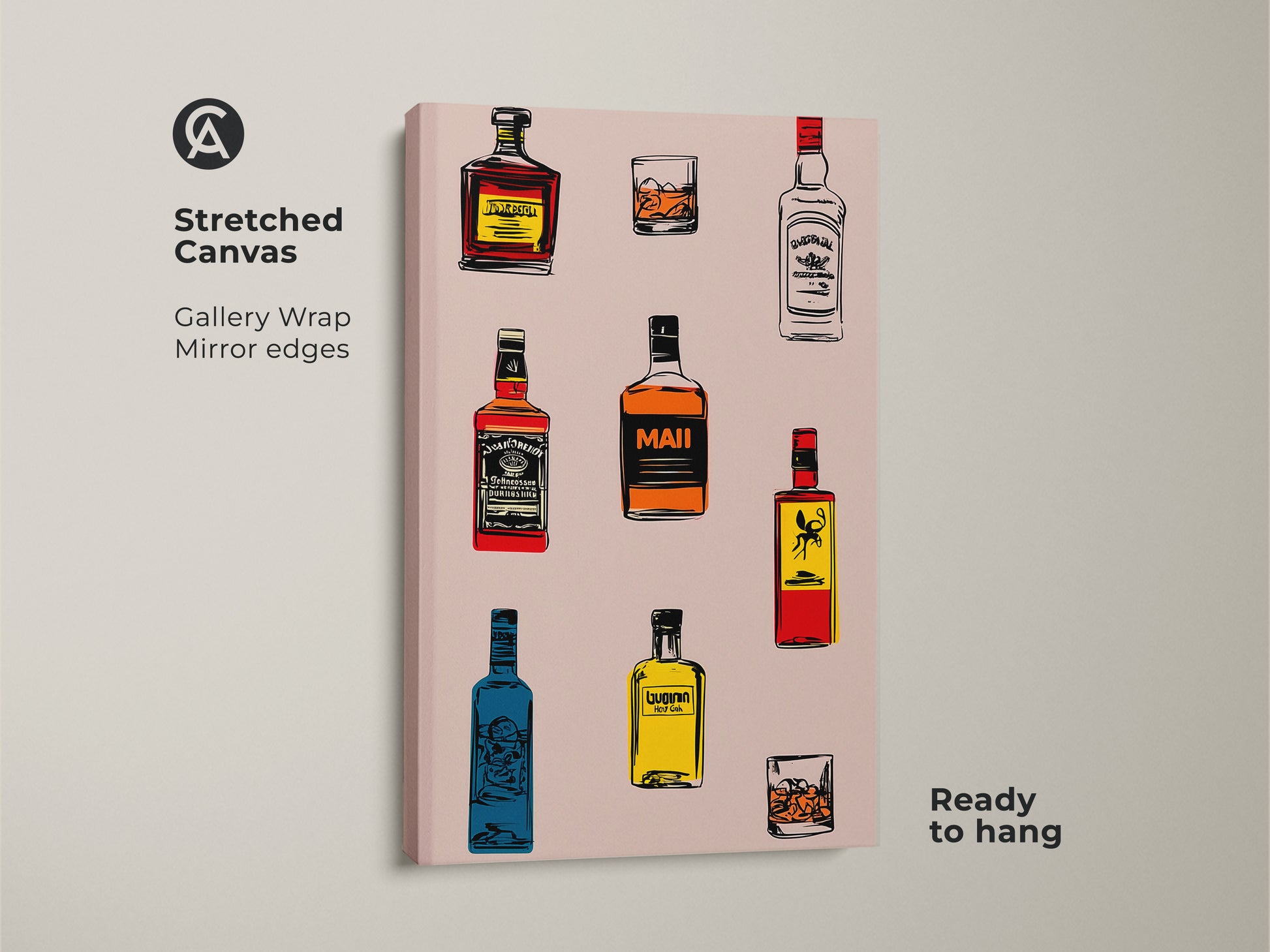 A stretched canvas gallery wrap shows retro bar wall art. The canvas features a whiskey bottle art print. The art has cocktail glasses and a yellow orange and red art style. It is ready to hang.
