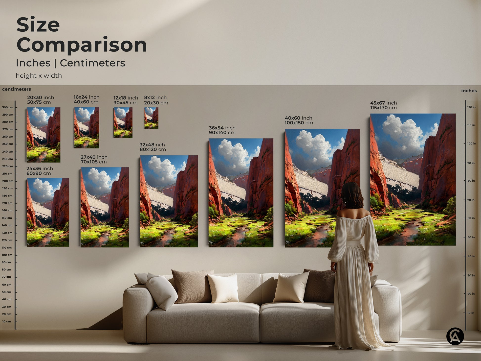 Size comparison of landscape art in inches and centimeters. See the red canyon dam art in various sizes. Visualize how each piece fits above a sofa. Find the perfect scale for your contemporary home decor.