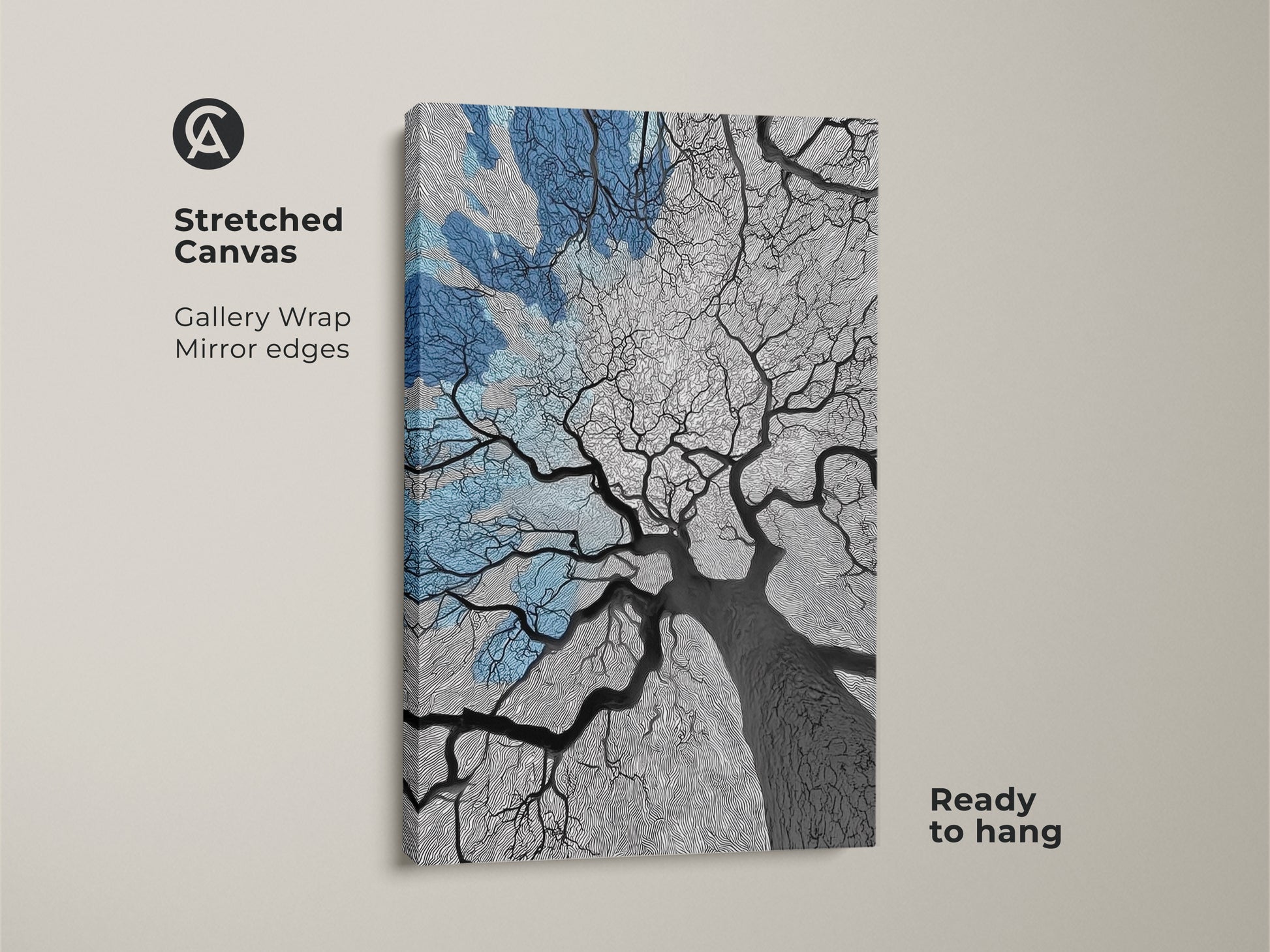 Stretched canvas art featuring an abstract oak tree under a blue sky. Gallery wrapped with mirror edges this piece is ready to hang. A nature-inspired artwork that combines modern lines with a minimalist tree. Perfect for adding a touch of contemporary charm to any room. This canvas print makes a unique housewarming gift.