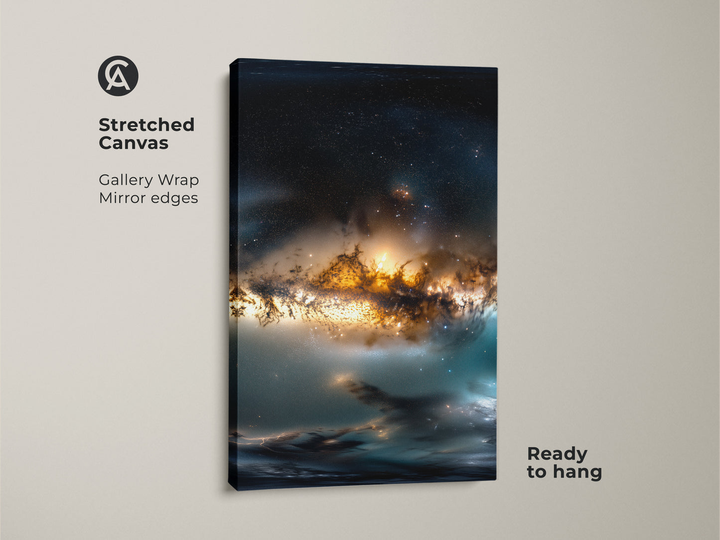 Stretched canvas print displaying a vibrant space nebula. This gallery-wrapped artwork is ready to hang with mirrored edges. The canvas adds depth creating a stunning visual impact. Bring the beauty of the cosmos into your home decor.