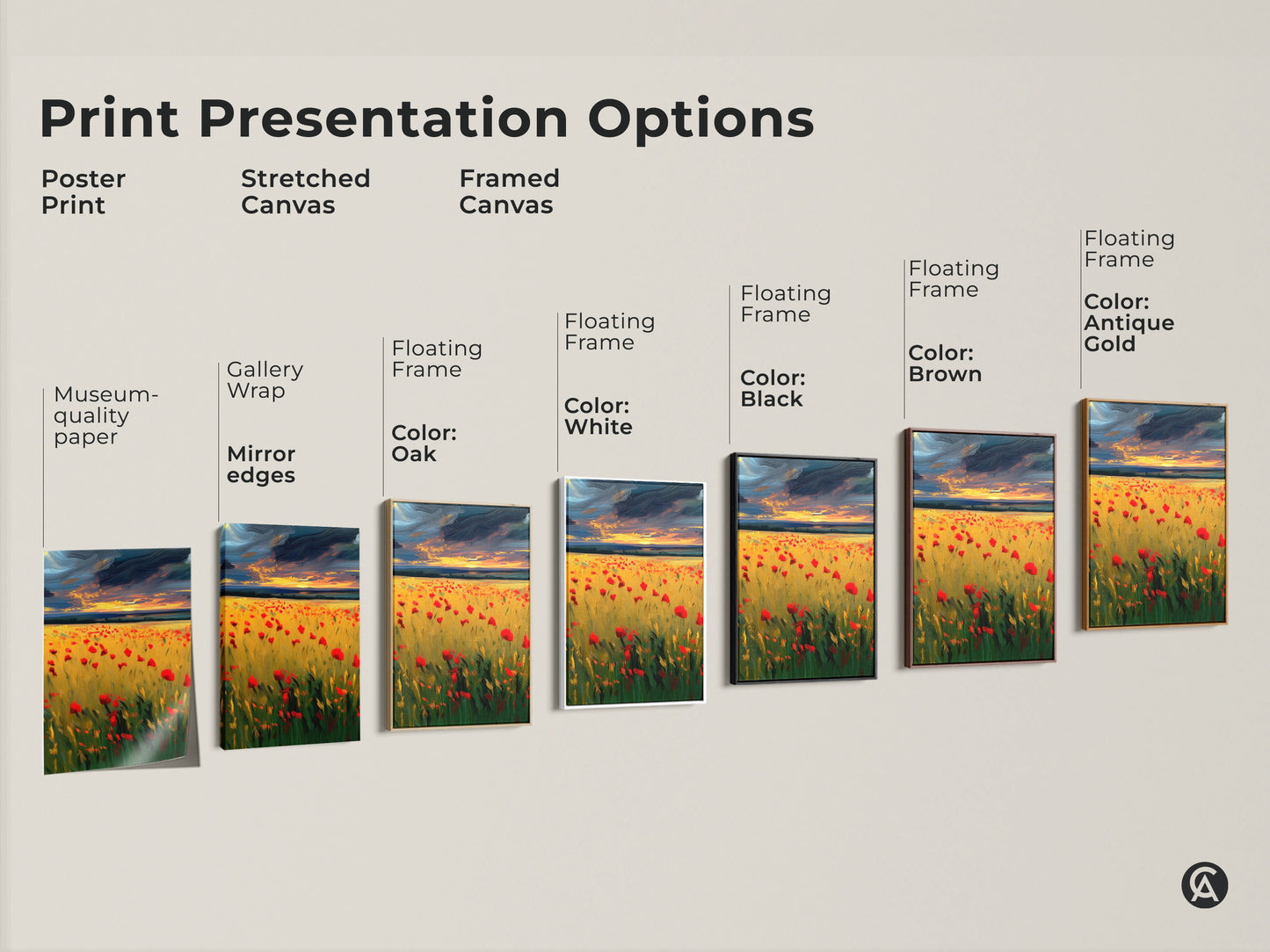 Explore print presentation options with this red poppy field landscape art. Choose poster prints stretched canvas or framed canvas. Each offers museum quality edges and floating frames in various colors.