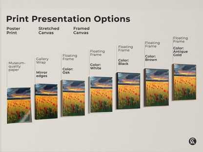 Explore print presentation options with this red poppy field landscape art. Choose poster prints stretched canvas or framed canvas. Each offers museum quality edges and floating frames in various colors.