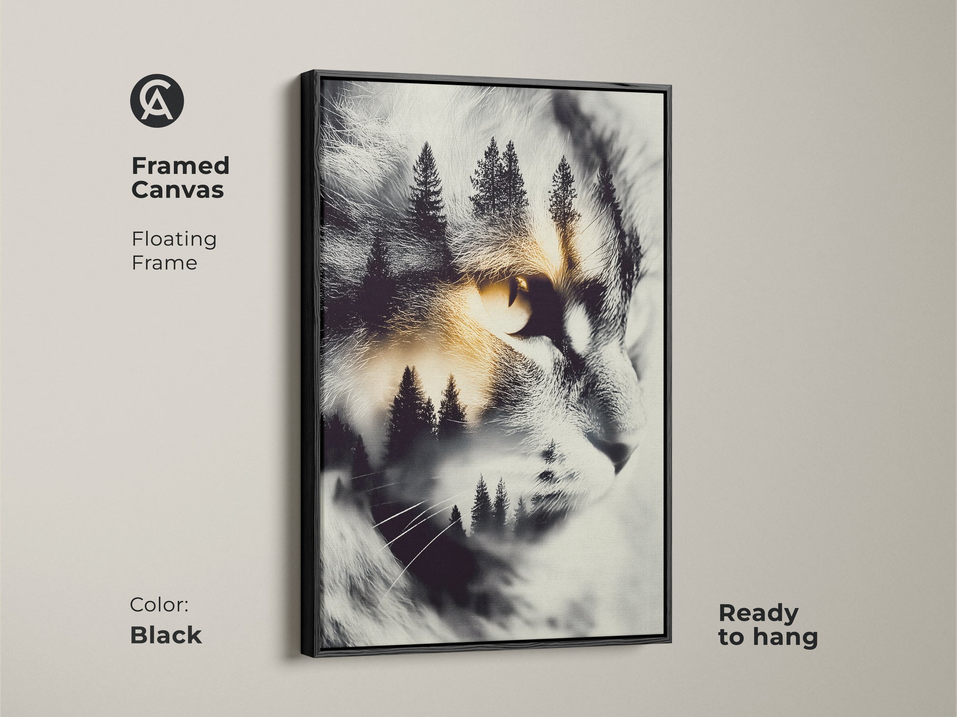 Black framed canvas cat artwork. The artwork features a cat's face with a forest scene inside. It is a ready-to-hang animal art. This cat art comes with a sleek black floating frame.