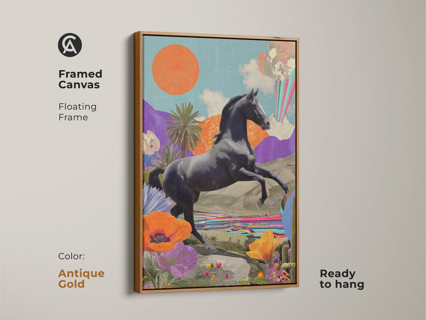 The antique gold floating frame enhances this surreal horse collage canvas. This retro futurism art print has an orange sun and teal purple landscape. It's ready to hang and perfect for equestrian lovers.