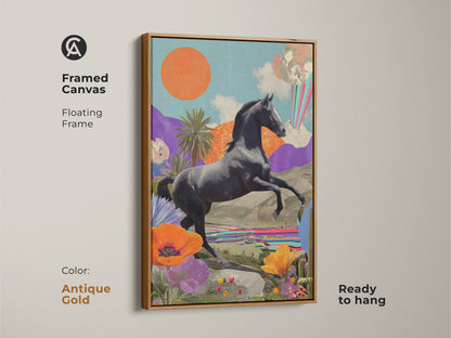 The antique gold floating frame enhances this surreal horse collage canvas. This retro futurism art print has an orange sun and teal purple landscape. It's ready to hang and perfect for equestrian lovers.