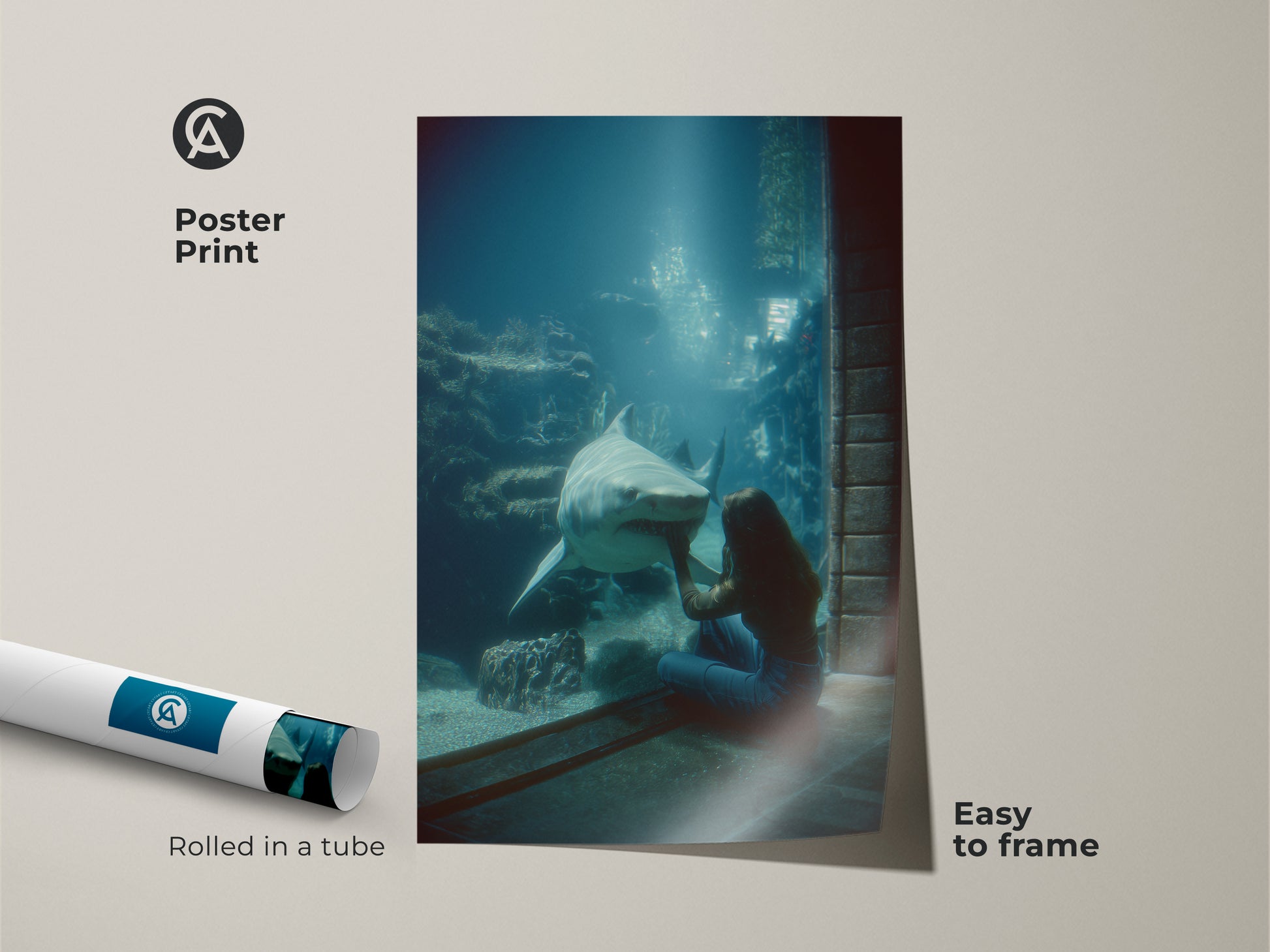 Poster Print of Oceanic Encounter art. Rolled in a tube for easy framing. This blue green underwater scene captures a woman and shark. Contemporary marine life decor for any home. It's a unique gift for scuba divers. Perfect aquarium-inspired artwork. Enhance your space with this deep sea creature print.