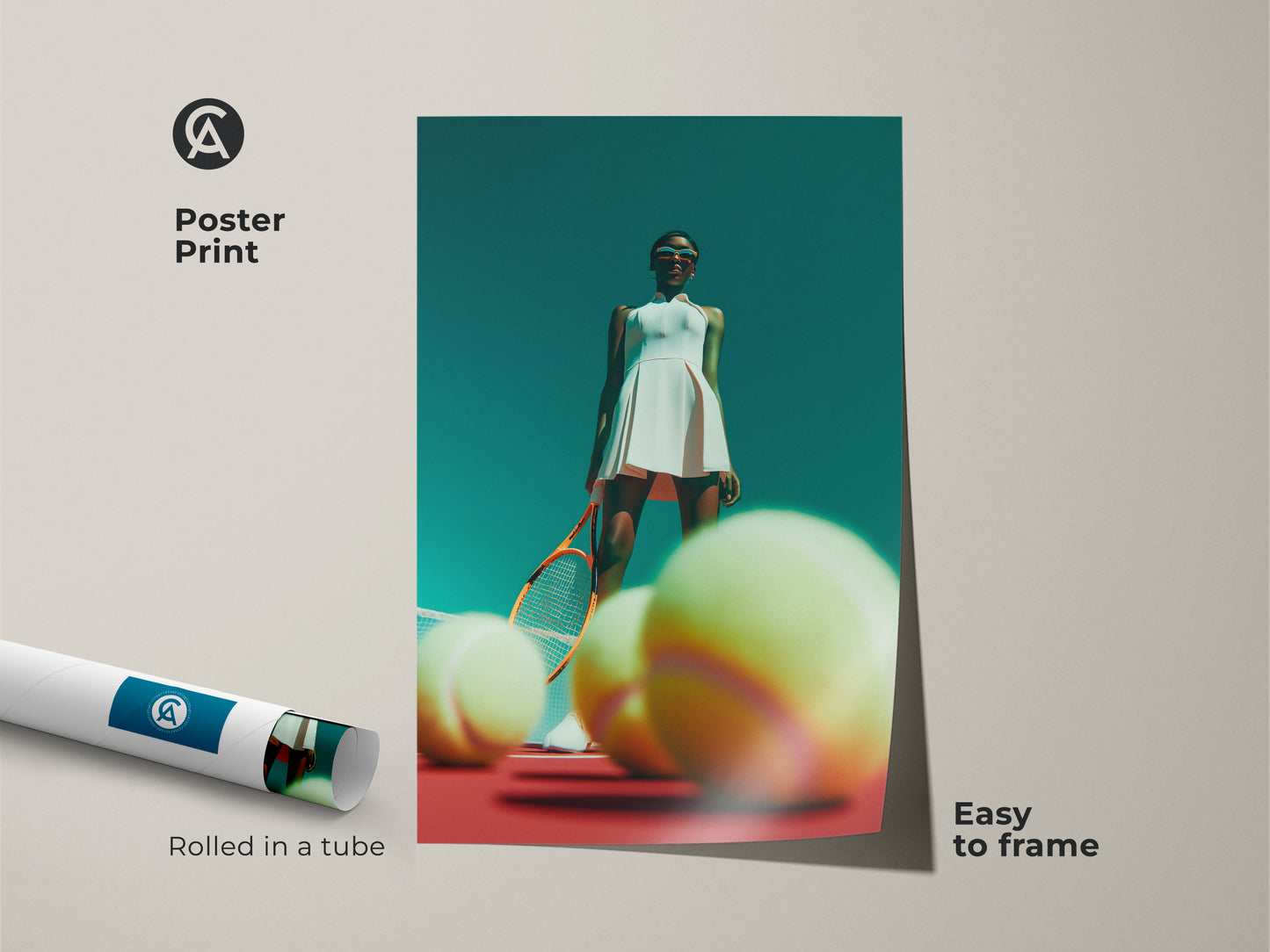 Poster print artwork of a tennis player. The artwork features a female tennis player in a white dress. She stands on a red court surrounded by tennis balls. Rolled in a tube this poster is easy to frame. Bring the energy of the court to your wall with this unique poster print