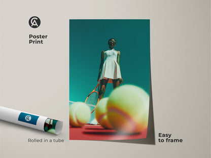 Poster print artwork of a tennis player. The artwork features a female tennis player in a white dress. She stands on a red court surrounded by tennis balls. Rolled in a tube this poster is easy to frame. Bring the energy of the court to your wall with this unique poster print