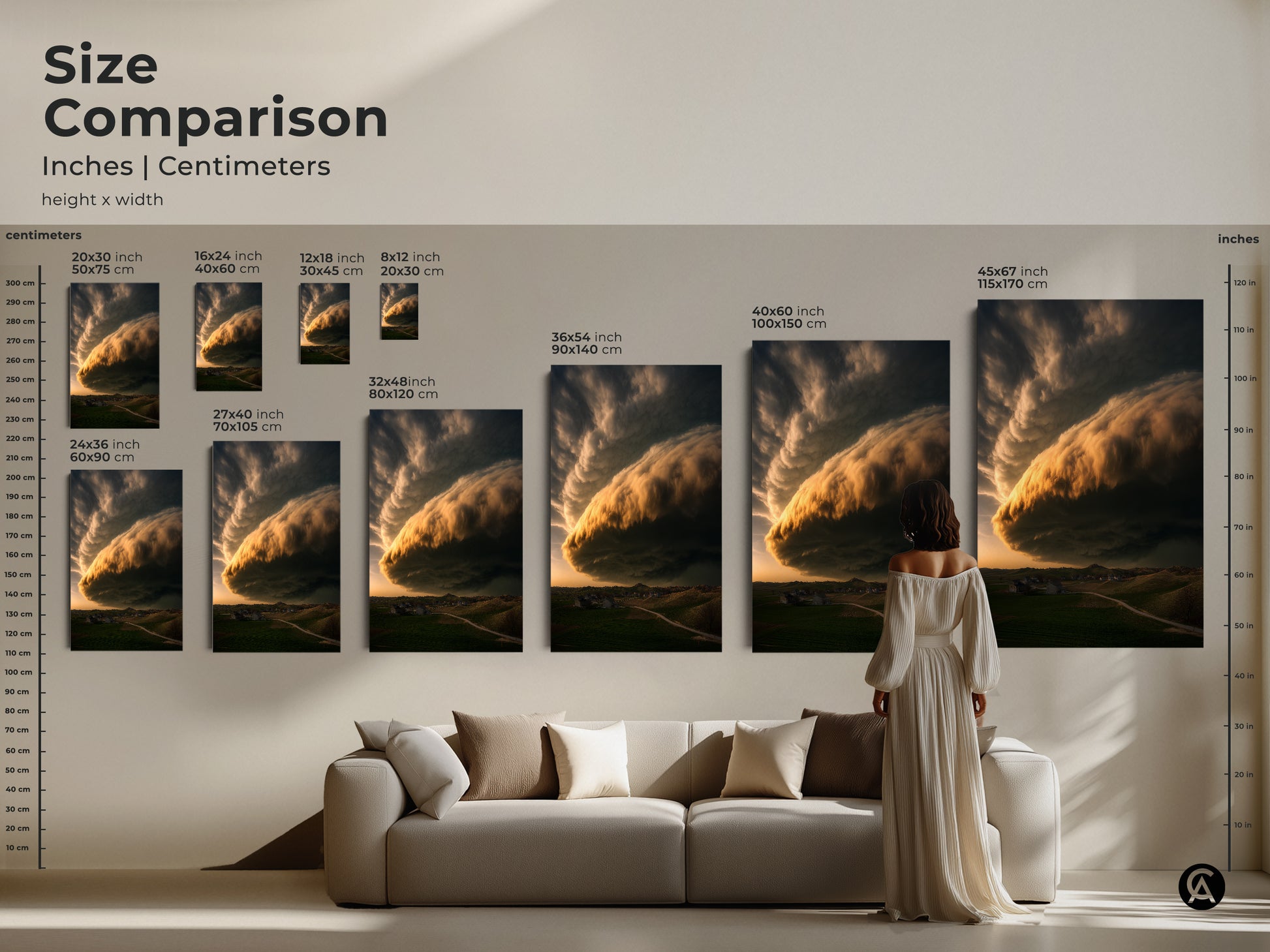 Size comparison featuring dramatic golden yellow cloud art over a green landscape. Inches and centimeters displayed for canvas and poster prints. The art transforms a residential wall. Select your size for farmhouse bedroom decor or a unique housewarming gift.