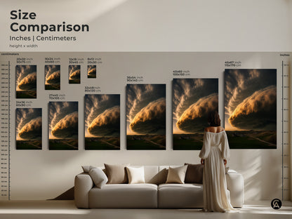 Size comparison featuring dramatic golden yellow cloud art over a green landscape. Inches and centimeters displayed for canvas and poster prints. The art transforms a residential wall. Select your size for farmhouse bedroom decor or a unique housewarming gift.