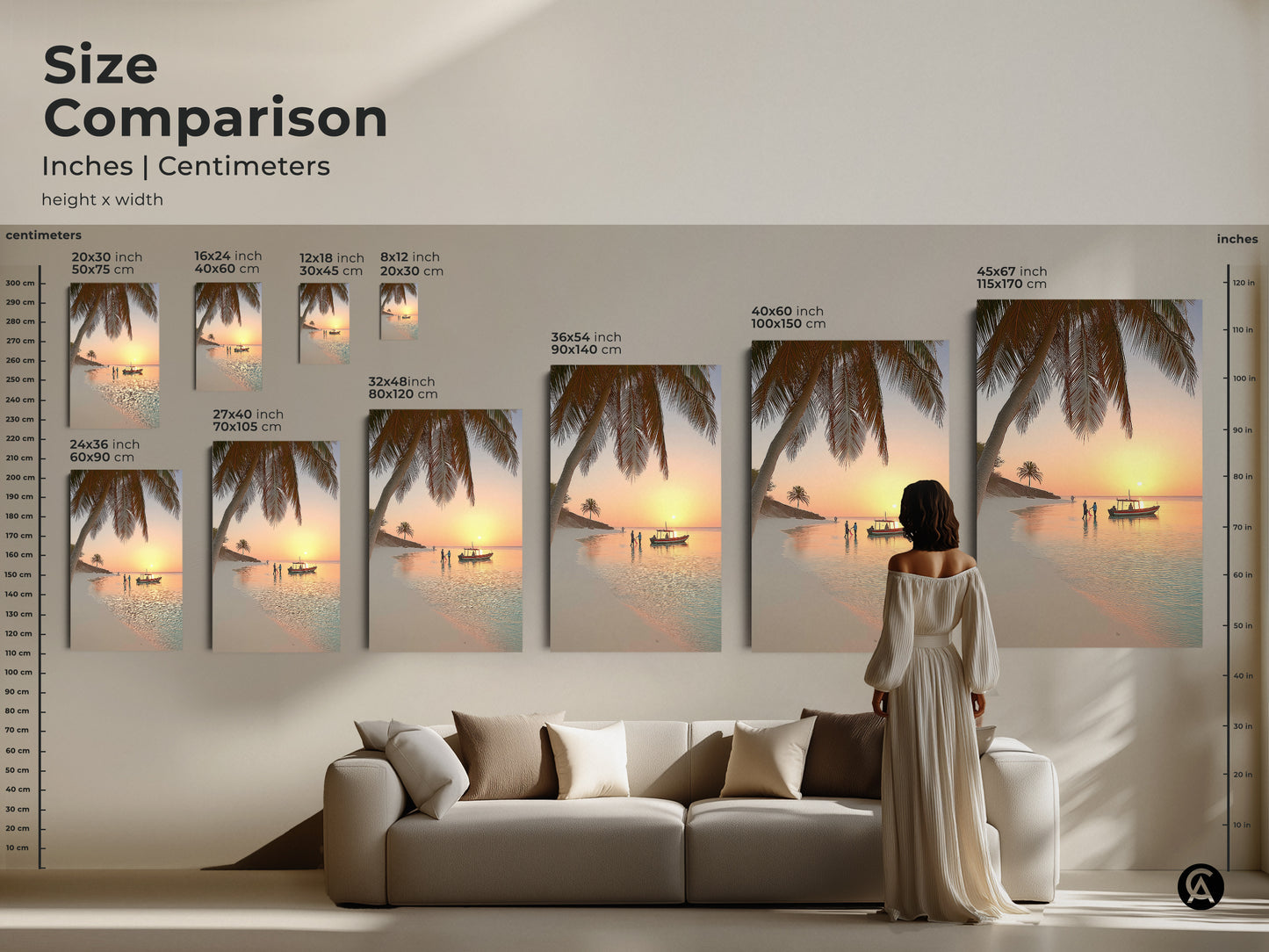 Size comparison of the beach sunset art print in inches and centimeters. This coastal canvas artwork is perfect for creating a tranquil atmosphere. The tropical ocean landscape adds a touch of summer to any living room. It is an ideal housewarming gift for beach lovers.