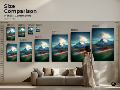 A size comparison featuring coastal village snowy mountain art prints. See how the artwork complements living room decor. Various sizes allow you to create a unique wall decor display.
