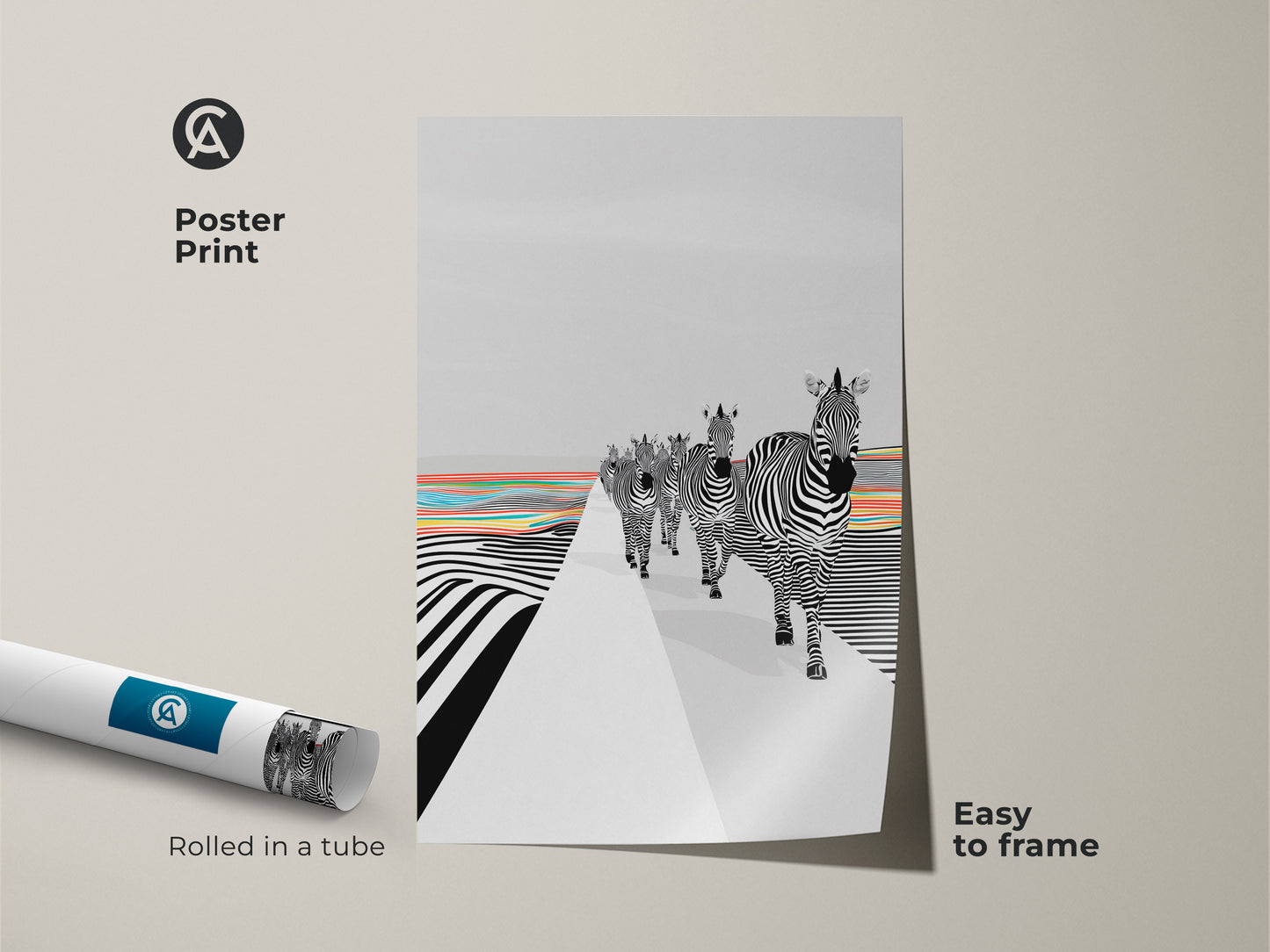This poster print features a graphic zebra artwork. The art is rolled in a protective tube for easy framing. The print boasts a colorful abstract animal artwork. Black and white zebras are walking through rainbow stripes. This abstract animal wall art is an ideal gift for animal lovers