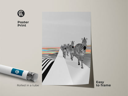 This poster print features a graphic zebra artwork. The art is rolled in a protective tube for easy framing. The print boasts a colorful abstract animal artwork. Black and white zebras are walking through rainbow stripes. This abstract animal wall art is an ideal gift for animal lovers