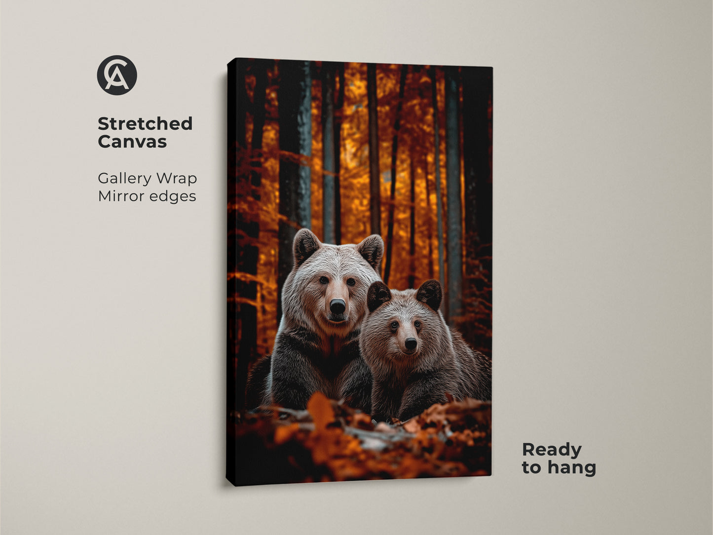 Stretched canvas of realistic bear family art in an autumn forest. This gallery-wrapped canvas has mirrored edges and is ready to hang. Warm rustic decor for a cozy home. Nature-inspired wall decor for a wildlife lover. Add woodland charm to your living room or bedroom.