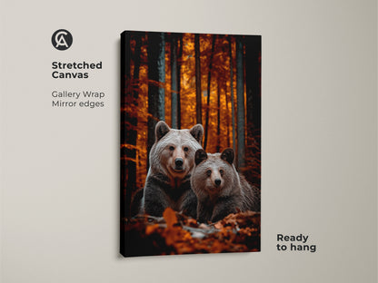 Stretched canvas of realistic bear family art in an autumn forest. This gallery-wrapped canvas has mirrored edges and is ready to hang. Warm rustic decor for a cozy home. Nature-inspired wall decor for a wildlife lover. Add woodland charm to your living room or bedroom.