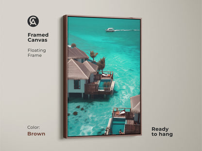 Framed canvas with a brown floating frame showing a luxury tropical resort bungalow. The teal ocean and speedboat create a coastal beach house vibe. This modern coastal wall art is ready to hang. It makes a perfect housewarming gift for beach lovers.