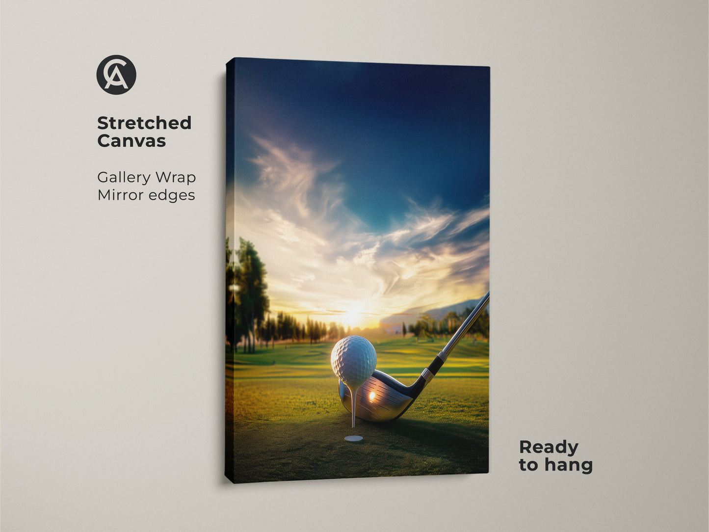 Stretched canvas golf course artwork. Golf ball poised on the green with a golf club. Sunset creates a scenic backdrop. Gallery wrapped with mirrored edges this piece is ready to hang.