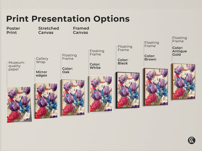 Print presentation options including poster print stretched canvas and framed canvas. The artwork features purple tulips and blue peonies. Available with gallery wrap museum-quality paper and various floating frame colors like black brown antique gold and oak.