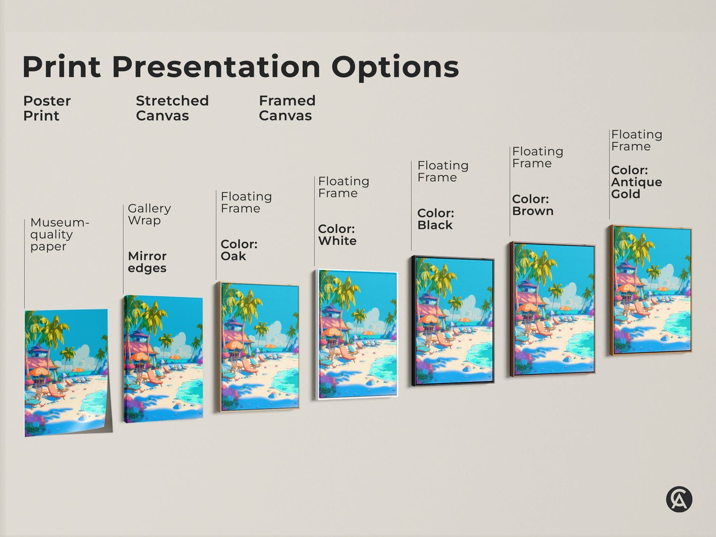 Explore print presentation options with this beach artwork. Choose from poster prints stretched canvas or framed canvas. Various floating frame colors are available to match your decor. Bring the beauty of a tropical beach to your walls.