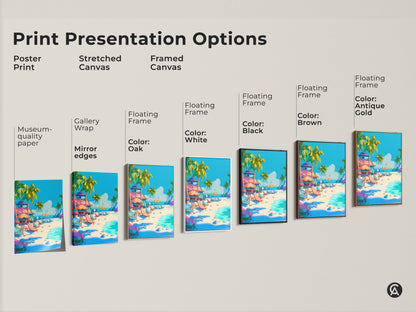 Explore print presentation options with this beach artwork. Choose from poster prints stretched canvas or framed canvas. Various floating frame colors are available to match your decor. Bring the beauty of a tropical beach to your walls.