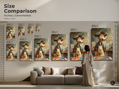 Size comparison of the cartoon cow artist artwork in inches and centimeters. This expressive animal art is available in various sizes to fit any space. Choose from small to large prints for your studio office or home decor. Find the perfect size for this funny and unique cow artwork.