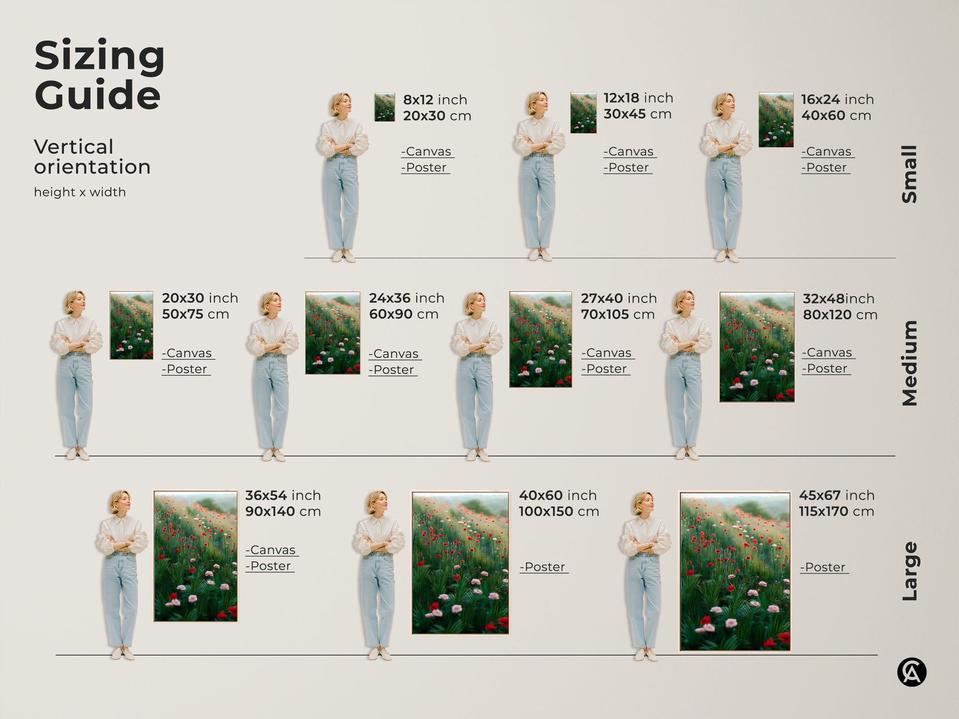 Sizing guide for vertical orientation of red poppy wall art. See canvas and poster sizes. Find the perfect fit for your space. This boho floral artwork enhances any room with nature's beauty and elegance.