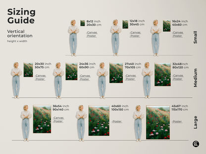 Sizing guide for vertical orientation of red poppy wall art. See canvas and poster sizes. Find the perfect fit for your space. This boho floral artwork enhances any room with nature's beauty and elegance.