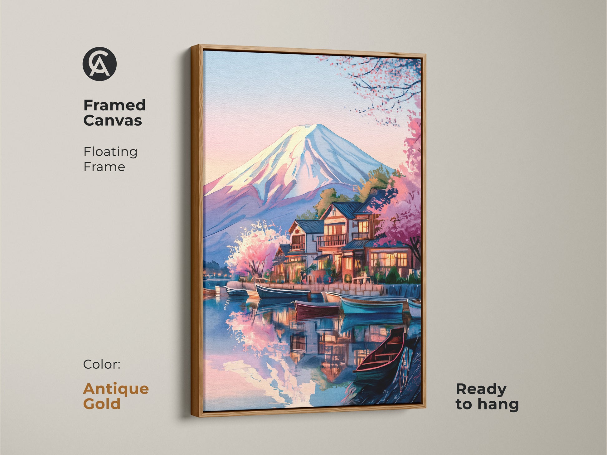 Framed canvas art of Mount Fuji featuring a floating antique gold frame. The Ukiyo-e inspired Japanese landscape is shown with boats and cherry blossoms. This ready-to-hang Japandi style decor provides asian inspired artwork. Ideal for a new home gift