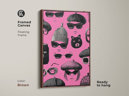 Framed canvas with a brown floating frame. Retro pop art print featuring pink and black faces with sunglasses and berets. This piece of eclectic bedroom decor is ready to hang. It's a great gift for fashion lovers.