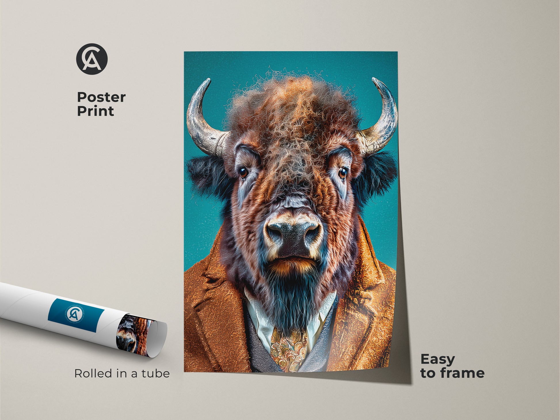 Poster print featuring a sophisticated buffalo in a suit. This wall art is easy to frame and adds character to any space. The animal artwork is carefully rolled in a tube for protection. A great gift for art enthusiasts and animal lovers.