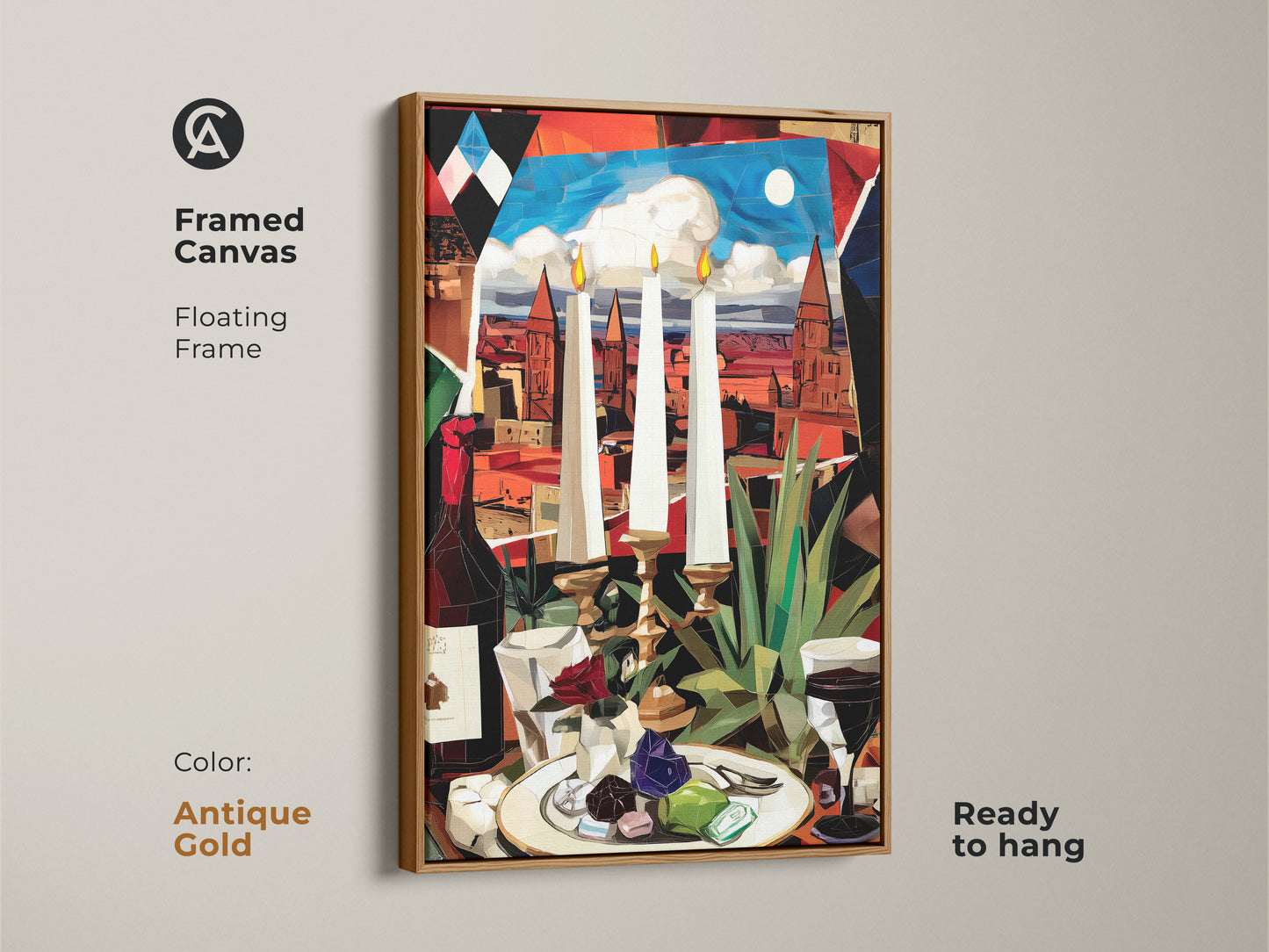 Our framed cubist still life canvas with an antique gold floating frame is shown. The print presents a wine bottle candles and cityscape. This ready-to-hang piece adds sophistication to any room.