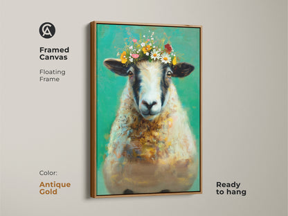 Antique gold framed canvas art featuring a cute sheep with a floral crown. The emerald green and teal artwork adds a bohemian touch to any room. This nature-inspired art is ready to hang. It makes a unique housewarming gift. Perfect for those who love folk art animal artwork.