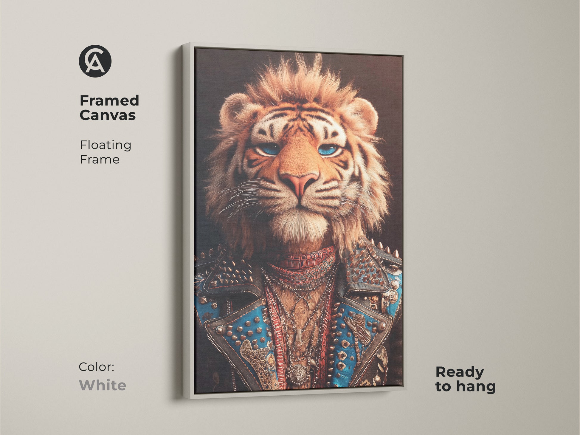 Framed white canvas of a tiger dressed as a rockstar with a floating frame is ready to hang. The tiger wears a studded blue leather jacket with layered jewelry. It makes a perfect addition to an office or any space seeking a daring focal point.