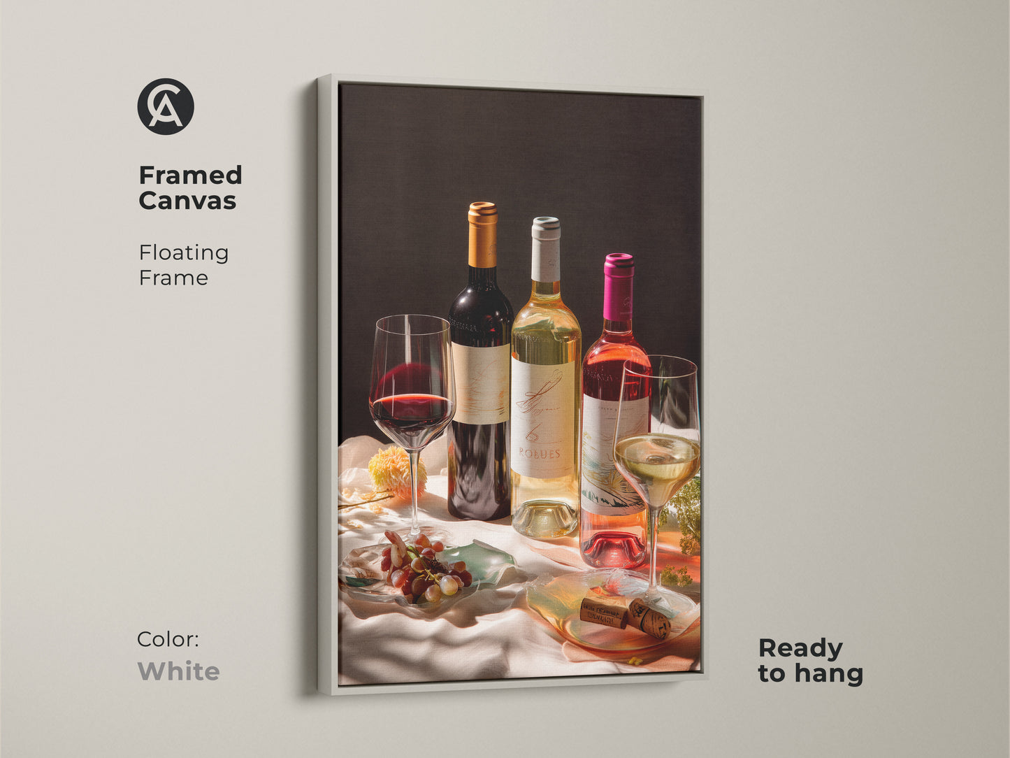 This framed canvas shows a wine still life with a white floating frame. The photorealistic bottles and glasses create an elegant look. It's ready to hang. Deep red cream and gold colors add richness. Perfect for a modern dining room or home bar. A thoughtful wine lover gift.