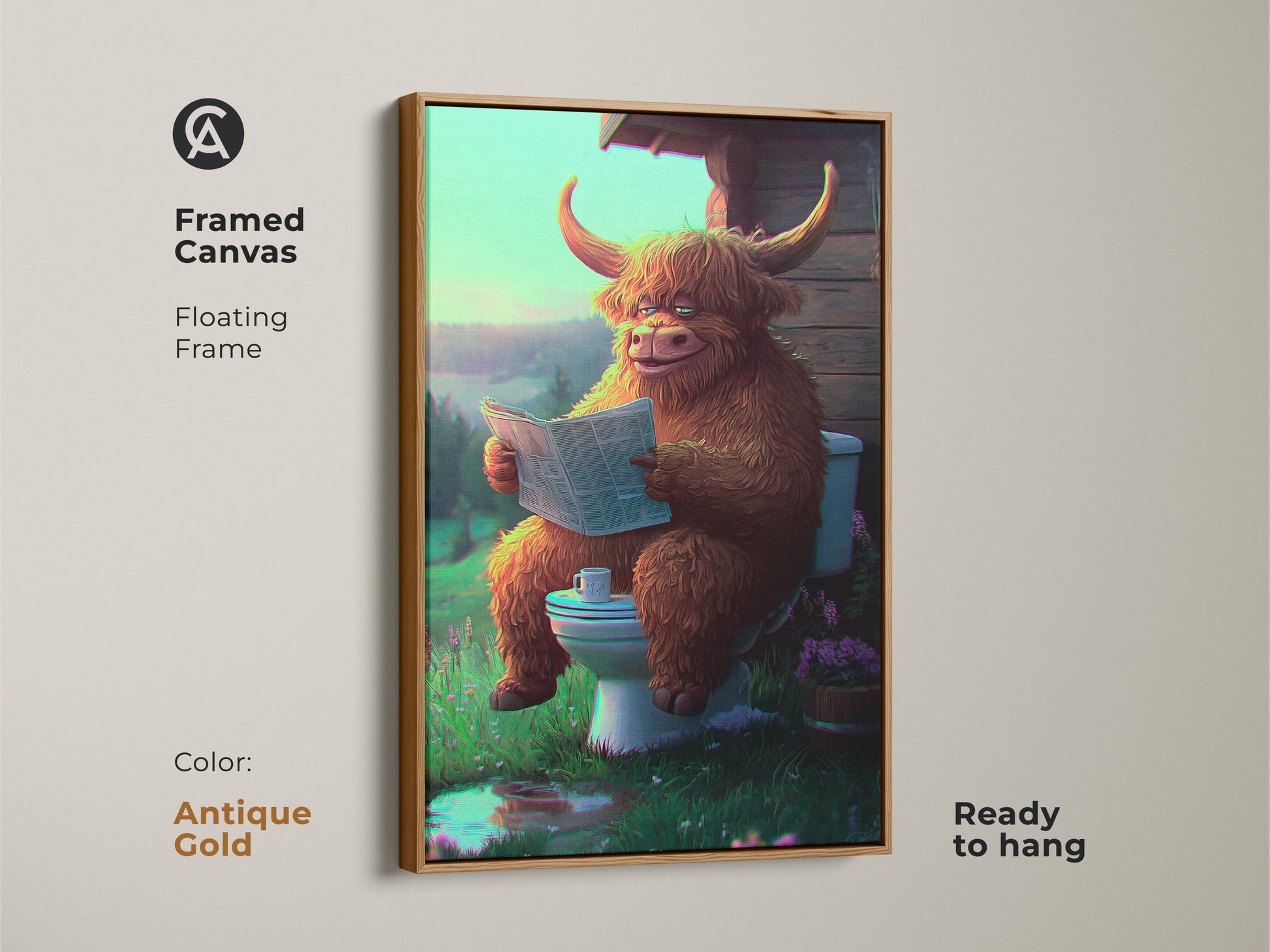 Antique gold framed canvas features a whimsical Highland cow on a toilet reading. This animal artwork is ready to hang. The floating frame enhances its quirky style. It is ideal for eclectic home decor and gift-giving.