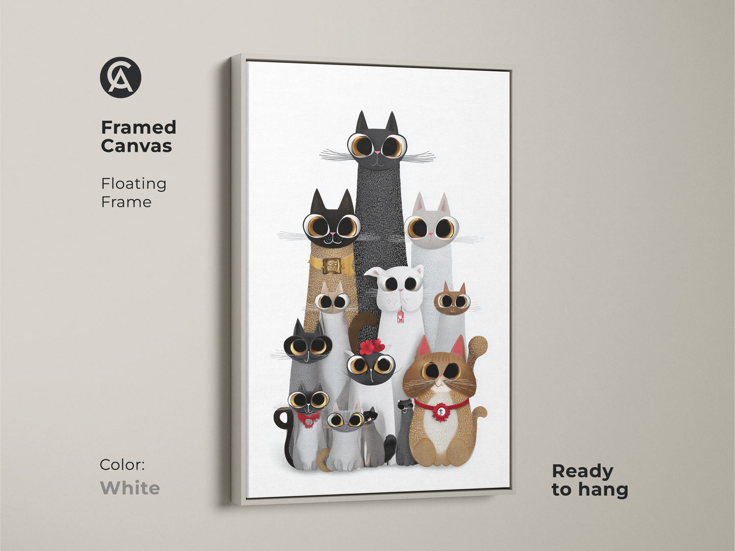 White framed canvas of cute cat art. This whimsical animal wall art features a floating frame. Ready to hang this eclectic cat family poster is a great cat mom birthday gift and will add a unique touch to any room.