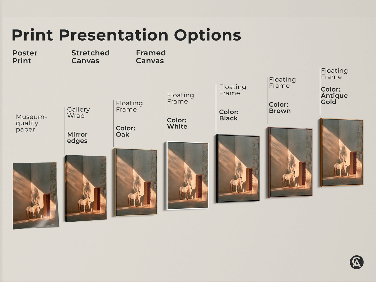 Explore print presentation options for minimalist horse wall art. Choose from poster stretched or framed canvas. Warm ochre tones enhance this photorealistic horse print. Options include gallery wrap floating frames and museum-quality paper. Find the perfect equestrian gift for her. Discover chic animal wall art.