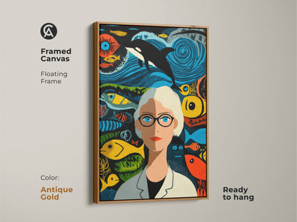 Bring a touch of elegance with this antique gold framed art. Framed canvas with a floating frame gives a classic appeal. The marine biologist and orca whale art is ready to hang. This print adds a unique and colorful element to your space.