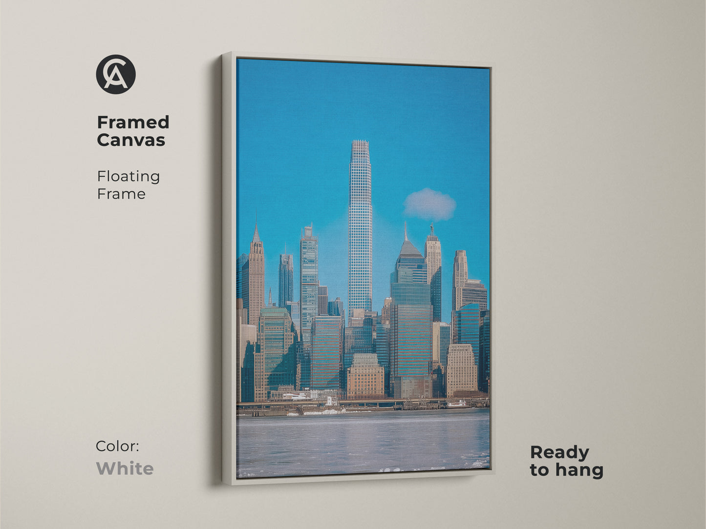 Framed canvas art print of the New York City skyline in a white floating frame. This contemporary office decor features modern blue gray wall art. Ready to hang architectural skyline art. Perfect urban city art for a modern space.