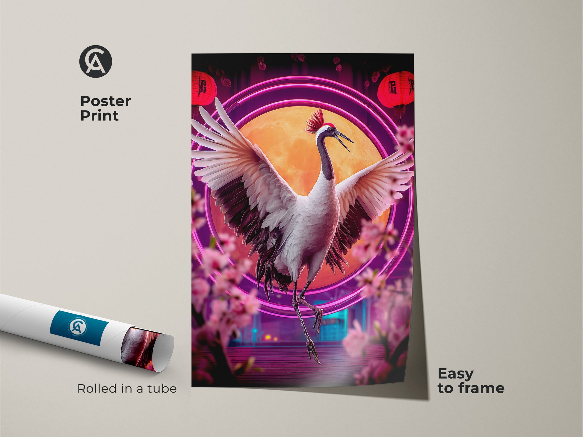 This rolled poster print displays the red crowned crane with wings spread. This vibrant neon art features cherry blossoms and Japanese lanterns. It is easy to frame this Asian inspired artwork and makes a great New Year gift. It’s a unique piece of modern oriental decor.