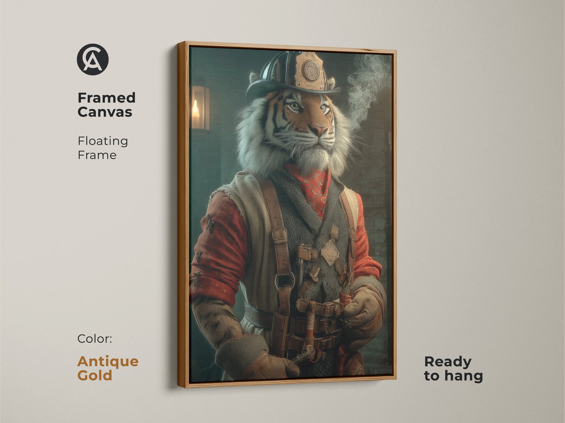 A framed canvas featuring a steampunk tiger artwork in an antique gold floating frame. This character portrait canvas shows a tiger dressed as a firefighter. Ready to hang it is perfect for themed man cave art. This unique animal artwork enhances study or office wall decor. A cool tiger painting.
